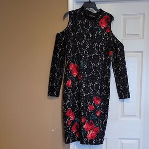 Floral Cold Shoulder Dress - Black and Red